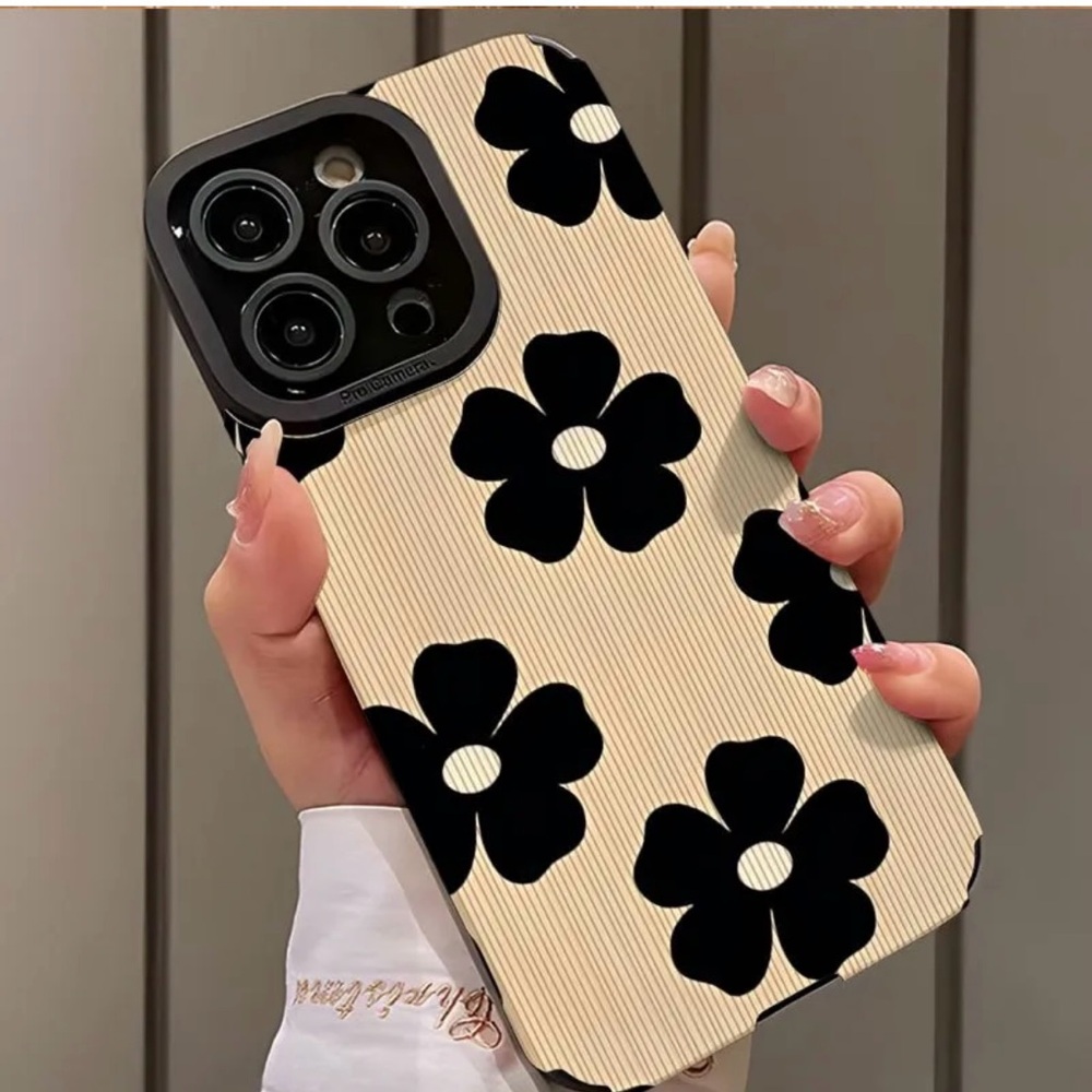 iPhone Phone Case Vertical Ribbed PU Leather  Black Floral Pattern